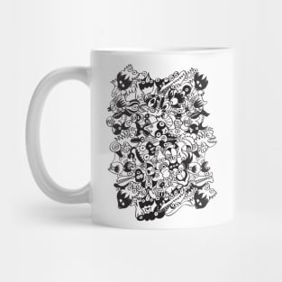 Black and white scary monsters in doodle art style Mug